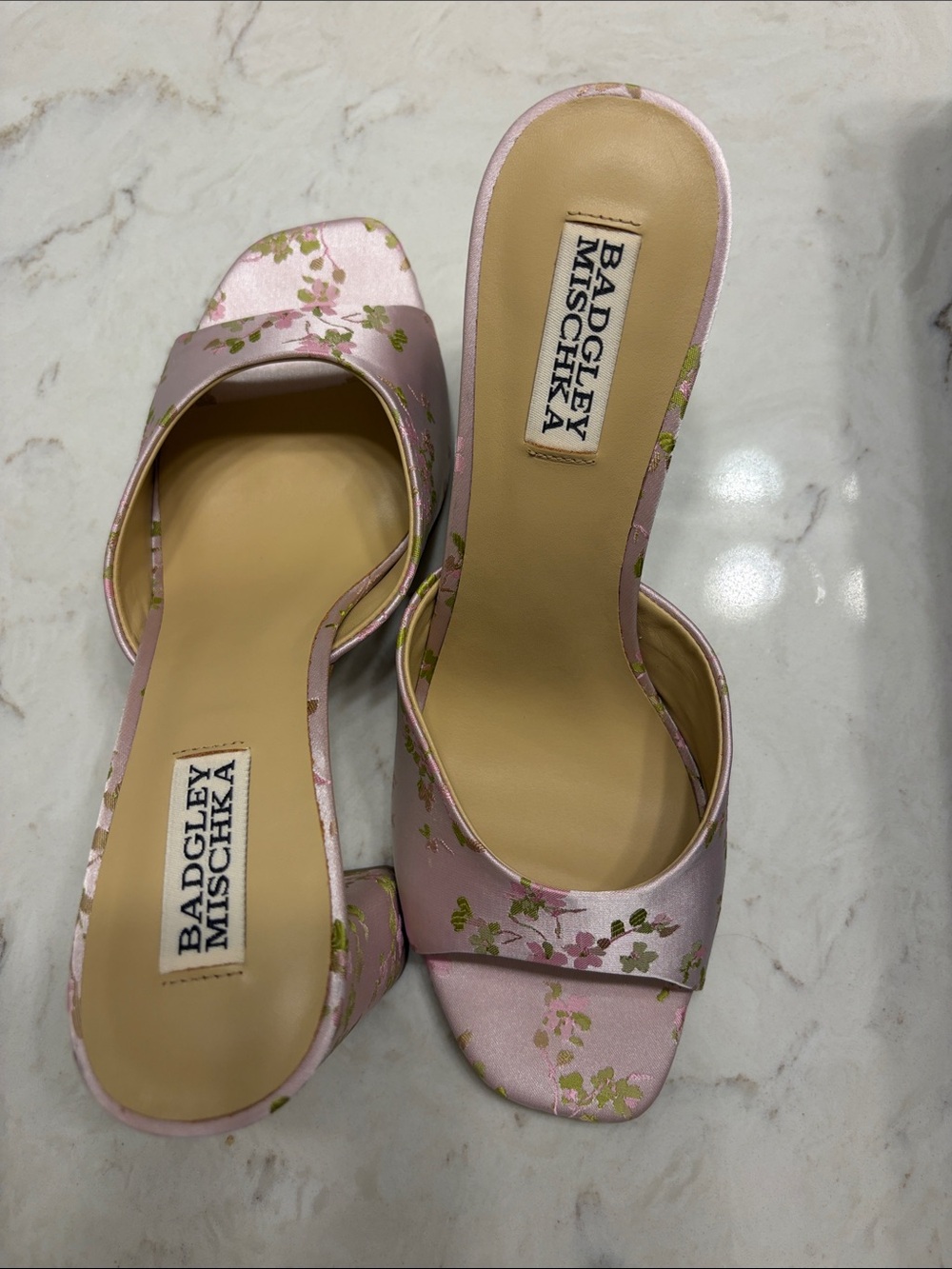 Badgley Mischka Pink Floral Satin Slide Mules